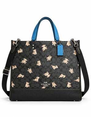 Coach Dempsey Tote 40 Happy Dog Signature Canvas Blue Leather Authenticated